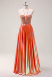 Sparkly Orange A-Line Halter Beaded Metallic Long Prom Dress with Beading