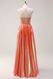 Sparkly Orange A-Line Halter Beaded Metallic Long Prom Dress with Beading