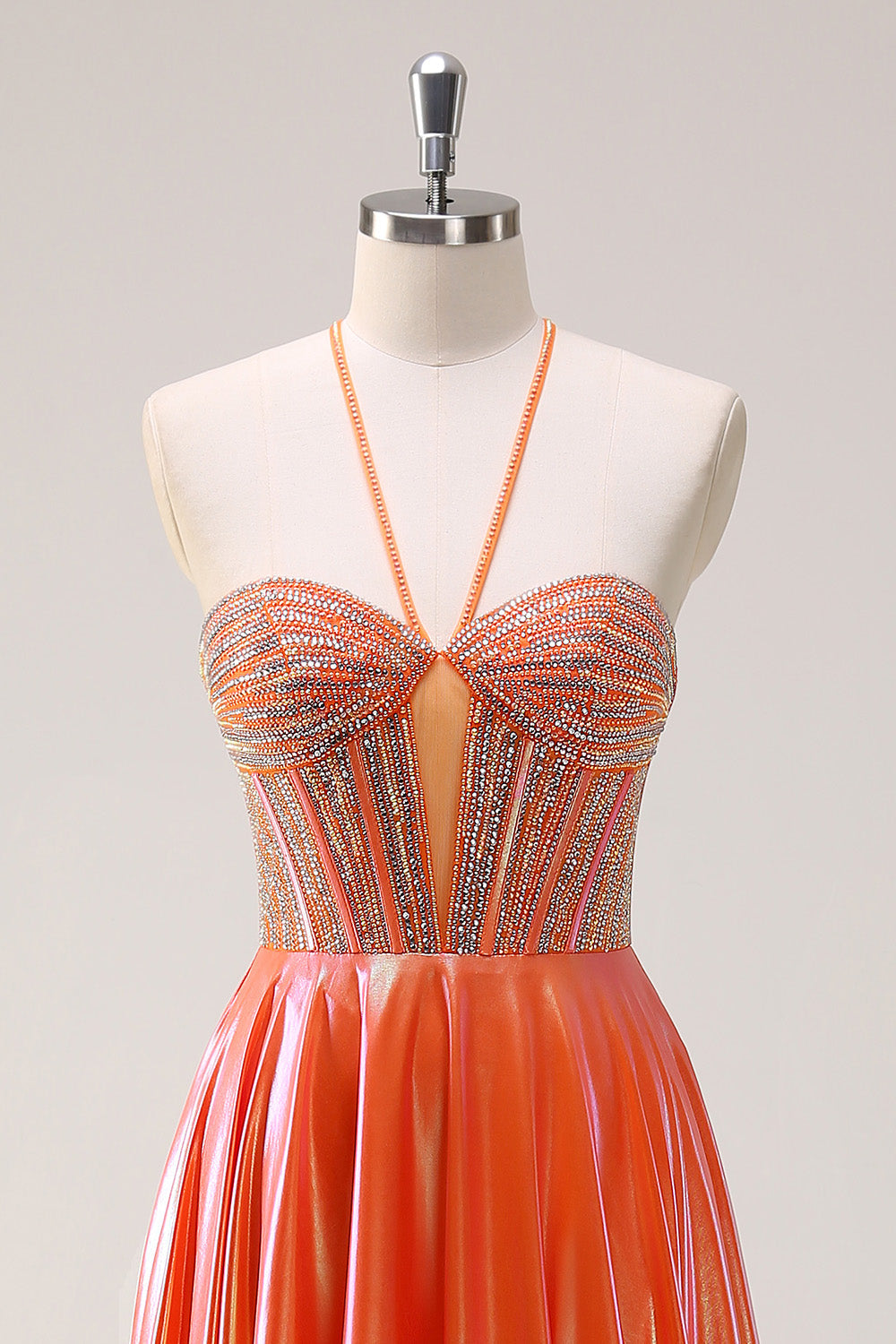 Sparkly Orange A-Line Halter Beaded Metallic Long Prom Dress with Beading