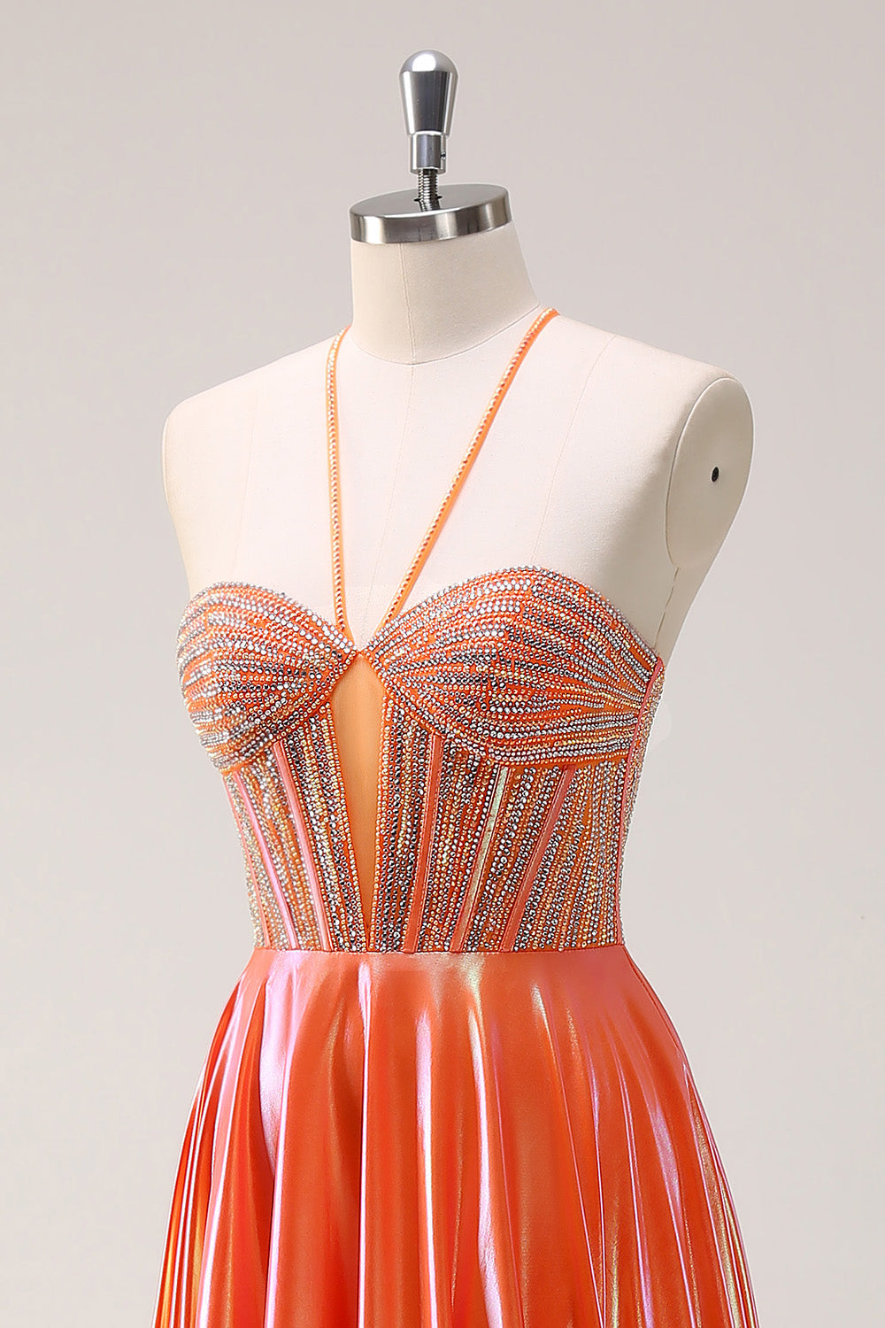 Sparkly Orange A-Line Halter Beaded Metallic Long Prom Dress with Beading