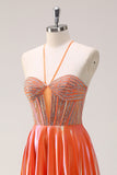 Sparkly Orange A-Line Halter Beaded Metallic Long Prom Dress with Beading