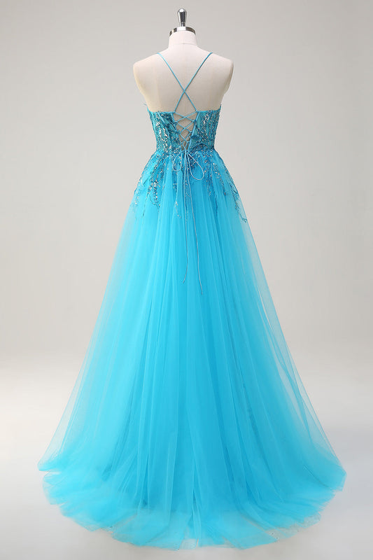 Sparkly Blue Spaghetti Straps Sequin Long Prom Dress with Side Cape