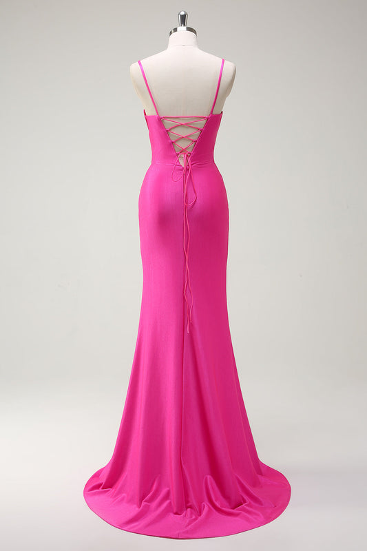 Fuchsia Spaghetti Straps Mermaid Long Prom Dress with Slit