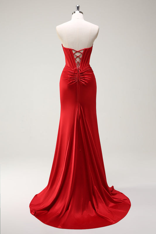 Mermaid Sweetheart Red Corset Long Prom Dress with Slit