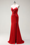 Mermaid Sweetheart Red Corset Long Prom Dress with Slit