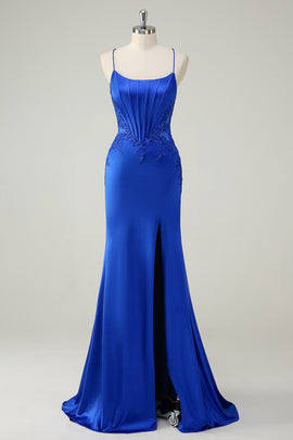 Royal Blue Floral Mermaid Spaghetti Straps Long Prom Dress with Slit