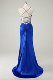 Royal Blue Floral Mermaid Spaghetti Straps Long Prom Dress with Slit