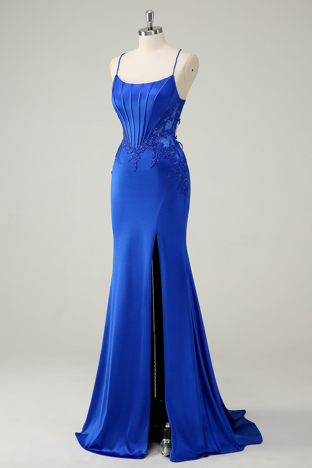 Royal Blue Floral Mermaid Spaghetti Straps Long Prom Dress with Slit