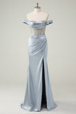 Dusty Blue Beaded Mermaid Off The Shoulder Long Prom Dress with Slit