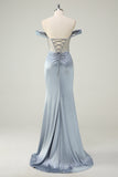 Dusty Blue Beaded Mermaid Off The Shoulder Long Prom Dress with Slit