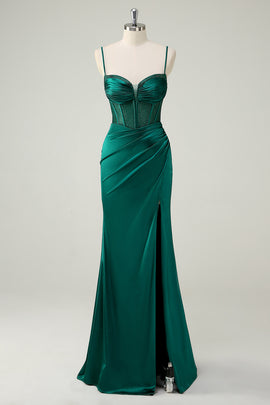 Dark Green Ruche Mermaid Spaghetti Straps Long Prom Dress with Slit