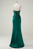 Dark Green Ruche Mermaid Spaghetti Straps Long Prom Dress with Slit