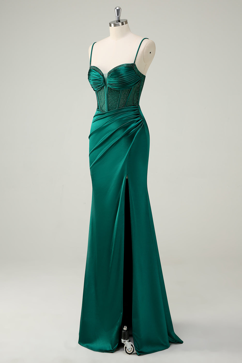 Dark Green Ruche Mermaid Spaghetti Straps Long Prom Dress with Slit