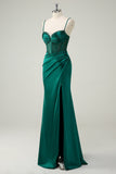 Dark Green Ruche Mermaid Spaghetti Straps Long Prom Dress with Slit