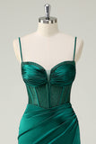 Dark Green Ruche Mermaid Spaghetti Straps Long Prom Dress with Slit