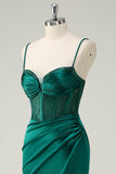 Dark Green Ruche Mermaid Spaghetti Straps Long Prom Dress with Slit