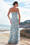 Blue Flower Spaghetti Straps Mermaid Ruffles Long Bridesmaid Dress with Slit