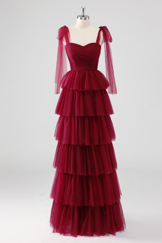 Burgundy A Line Tulle Long Formal Dress with Ruffles