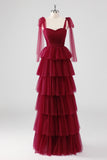 Burgundy A Line Tulle Long Formal Dress with Ruffles