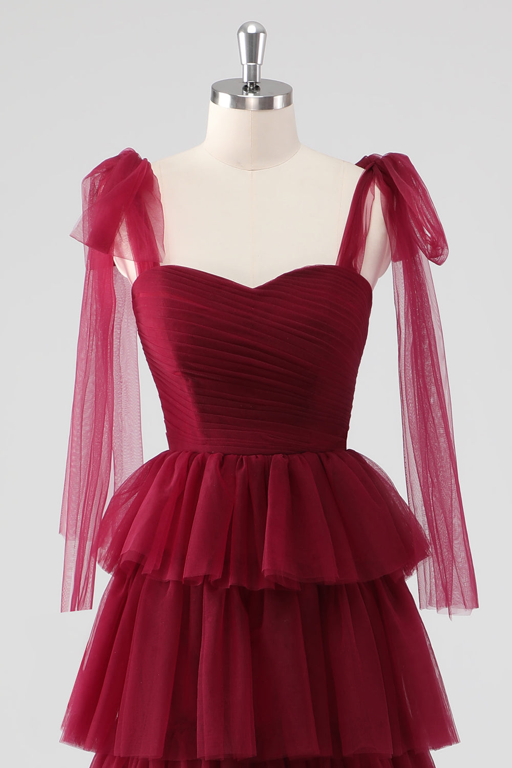 Burgundy A Line Tulle Long Formal Dress with Ruffles