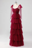 Burgundy A Line Tulle Long Formal Dress with Ruffles