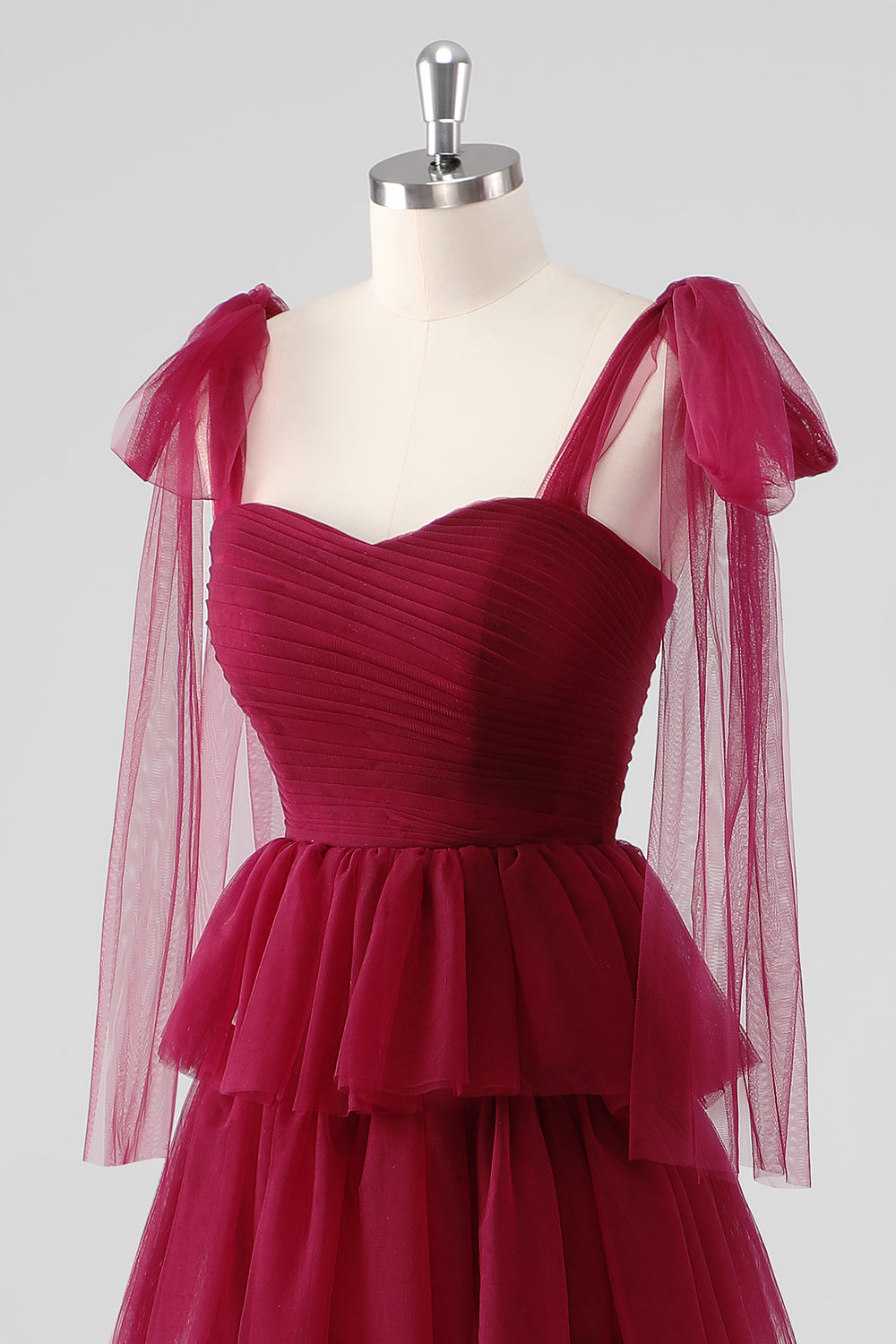 Burgundy A Line Tulle Long Formal Dress with Ruffles