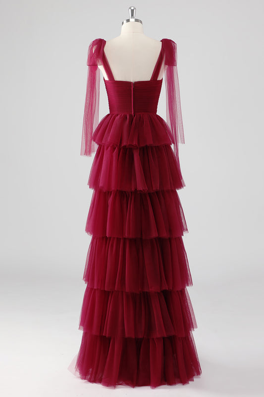 Burgundy A Line Tulle Long Formal Dress with Ruffles