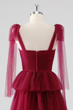 Burgundy A Line Tulle Long Formal Dress with Ruffles