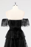 Black A Line Square Neck Long Formal Dress with Ruffles