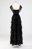 Black A Line Square Neck Long Formal Dress with Ruffles