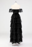 Black A Line Square Neck Long Formal Dress with Ruffles