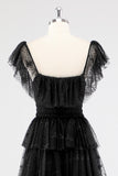 Black A Line Square Neck Long Formal Dress with Ruffles