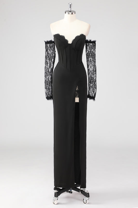 Black Lace Long Sleeves Sheath Formal Dress with Slit