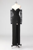 Black Lace Long Sleeves Sheath Formal Dress with Slit