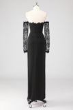 Black Lace Long Sleeves Sheath Formal Dress with Slit