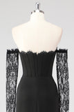 Black Lace Long Sleeves Sheath Formal Dress with Slit