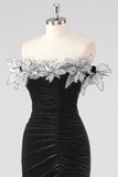 Black Velvet Sheath Formal Dress with 3D Flowers