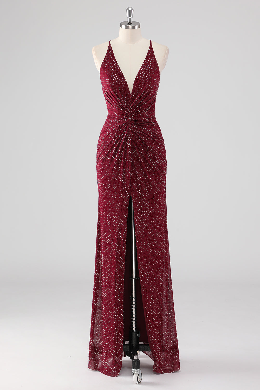 Sparkly Burgundy V-Neck Sheath Formal Dress with Slit