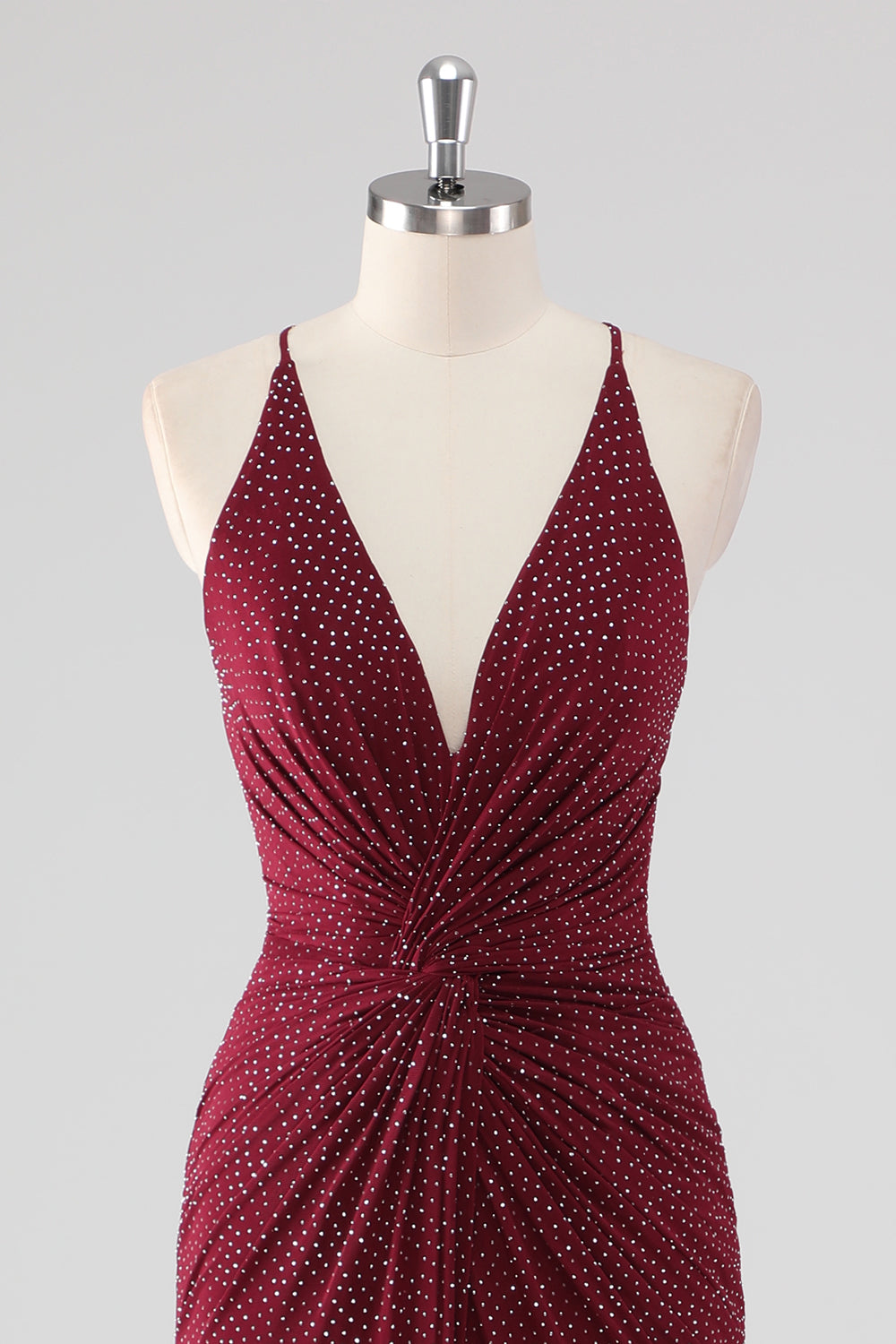 Sparkly Burgundy V-Neck Sheath Formal Dress with Slit