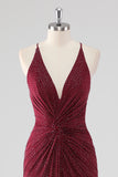 Sparkly Burgundy V-Neck Sheath Formal Dress with Slit