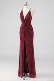 Sparkly Burgundy V-Neck Sheath Formal Dress with Slit