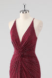 Sparkly Burgundy V-Neck Sheath Formal Dress with Slit