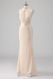 Cream Halter Sheath Backless Formal Dress