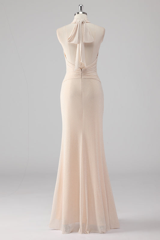 Cream Halter Sheath Backless Formal Dress