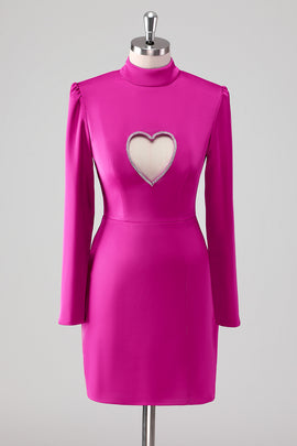 Fuchsia Long Sleeves Short Formal Dress with Heart Hollow Out