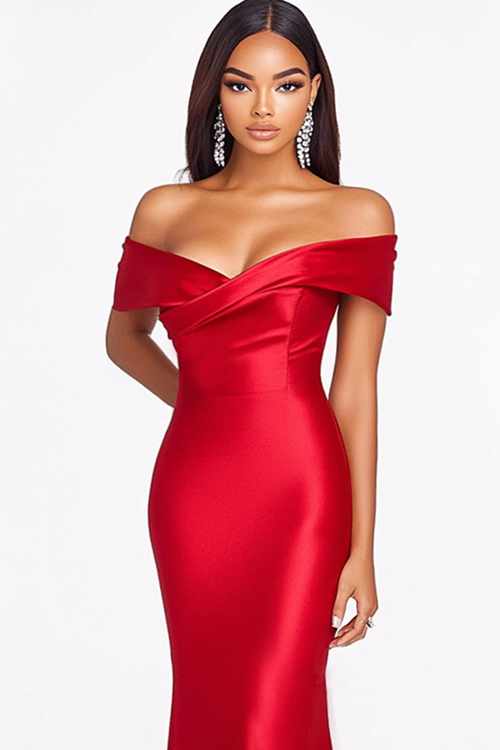 Red Mermaid Off The Shoulder Satin Formal Dress