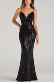 Black Mermaid Spaghetti Straps Sequins Formal Dress