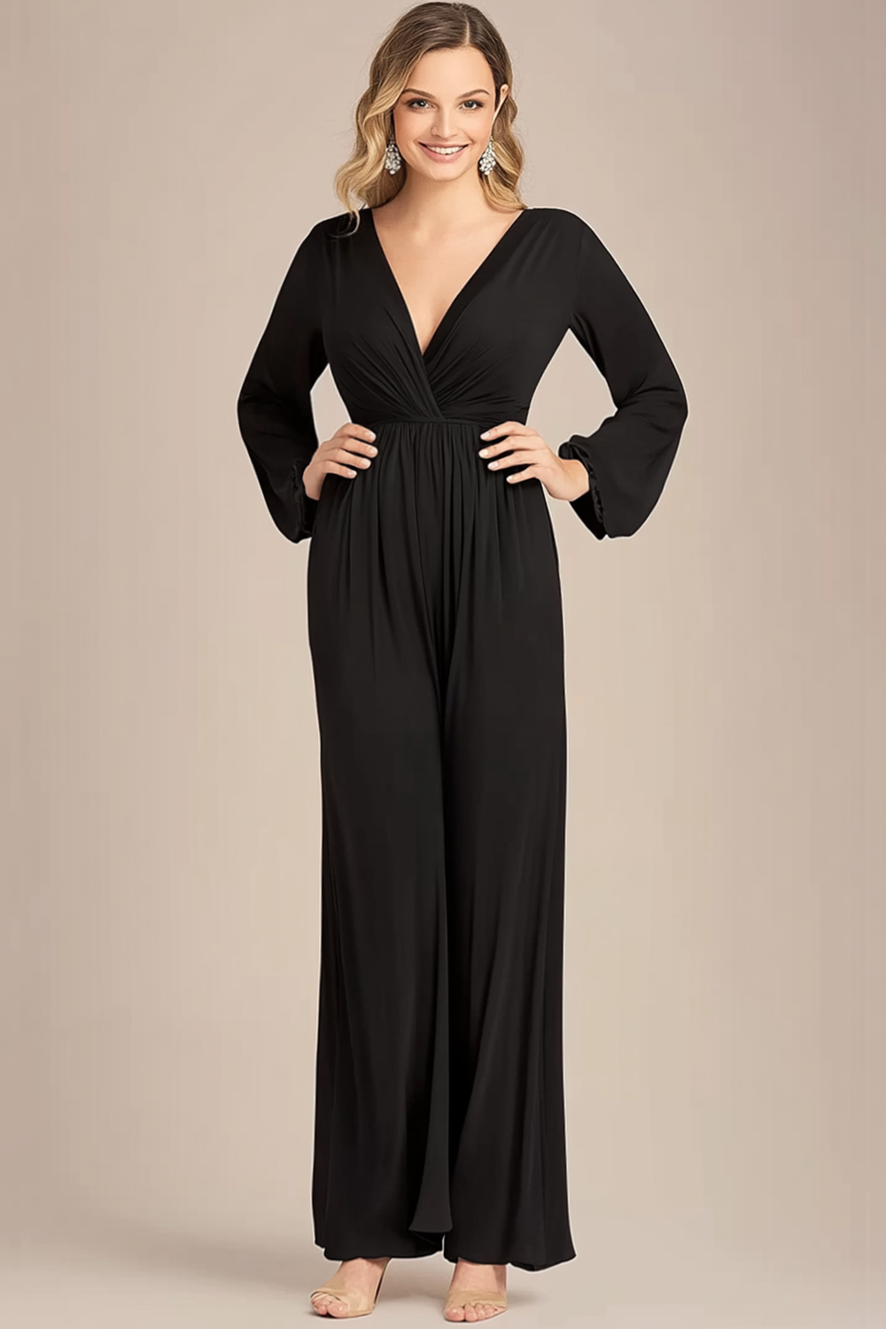 Black V-neck Long Sleeves Chiffon Mother of the Bride Jumpsuits