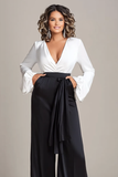 White and Black Deep V-neck Satin Long Sleeves Mother of the Bride Jumpsuits