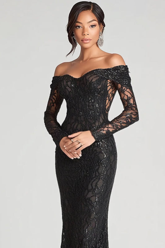 Black Sheath Off The Shoulder Mesh And Lace Formal Dress